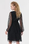Siyah Flok Baskı Kruvaze Yaka Midi Elbise