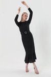 Siyah Kemerli Uzun Kol Balık Model Elbise