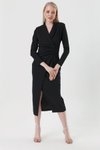 Siyah Şal Yaka Önü Büzgülü Midi Elbise