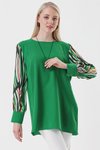 Yeşil Kolu Desenli Büyük Beden Şifon Bluz