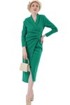 Yeşil Şal Yaka Önü Büzgülü Midi Elbise