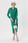 Yeşil Şal Yaka Önü Büzgülü Midi Elbise