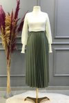 Haki Yüksek Bel Piliseli Deri Görünümlü Uzun Etek