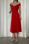 Kırmızı Scuba Kumaş Madonna Yaka Kuşaklı Midi Elbise