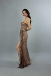 Bakır Straplez Desenli Sim İşleme Yırtmaçlı Vizon Uzun Abiye Elbise