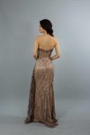 Bakır Straplez Desenli Sim İşleme Yırtmaçlı Vizon Uzun Abiye Elbise