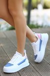 Beyaz Wondi Cilt Mavi Detaylı Bağcıklı Spor Ayakkabı
