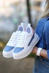 Beyaz Wondi Cilt Mavi Detaylı Bağcıklı Spor Ayakkabı