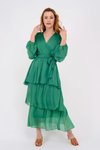 Yeşil V Yakalı Uzun Kollu Elbise