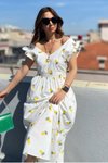 Kiraz Desenli Ananas V Yaka Sırt Detaylı Kuşakl Poplin Uzun Elbise