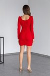 Kırmızı Örme Crep Kumaş Kemerli Kare Yaka Mini Elbise