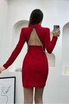 Kırmızı Örme Crep Kumaş Sırt Detaylı Saçaklı Fermuarlı Mini Abiye Elbise