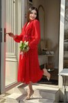 Kırmızı Şifon Kumaş Astarlı Gömlek Yaka Kemerli Midi Elbise