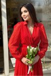 Kırmızı Şifon Kumaş Astarlı Gömlek Yaka Kemerli Midi Elbise