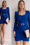 Mavi Örme Crep Kumaş Kemerli Kare Yaka Mini Elbise