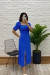 Mavi Viskon Kumaş Sırtı Gipeli Uzun Kare Yaka Elbise