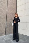 Siyah Fitilli Triko Kumaş Pantolon Bustiyer Ve Hırka 3lü Set Takım