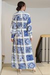 Mavi Gömlek Yaka Kare Desenli Morocco Uzun Elbise
