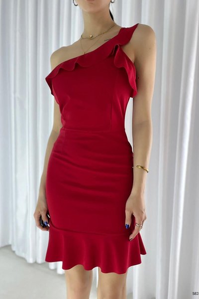 Red One-Shoulder Ruffled Crepe Fabric Mini Evening Dress