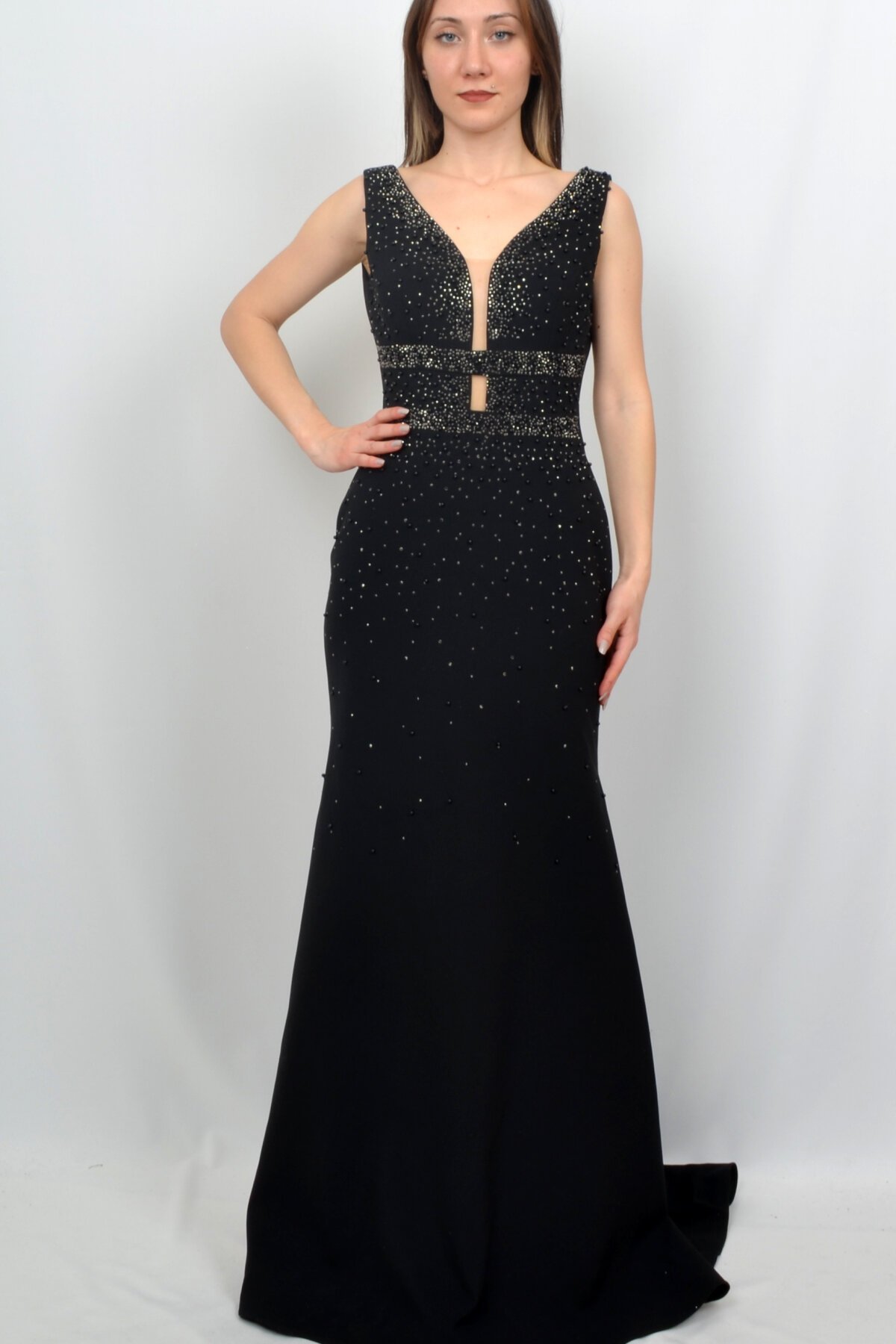 Black Beaded Long Evening Dress - ALİS DRESS