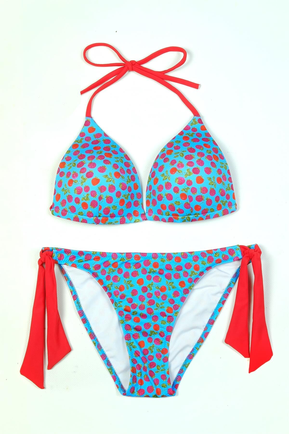 Endeep Kırmızı Mavi Üçgen Yarım Dolgulu Desenli Açık Bikini Takım
