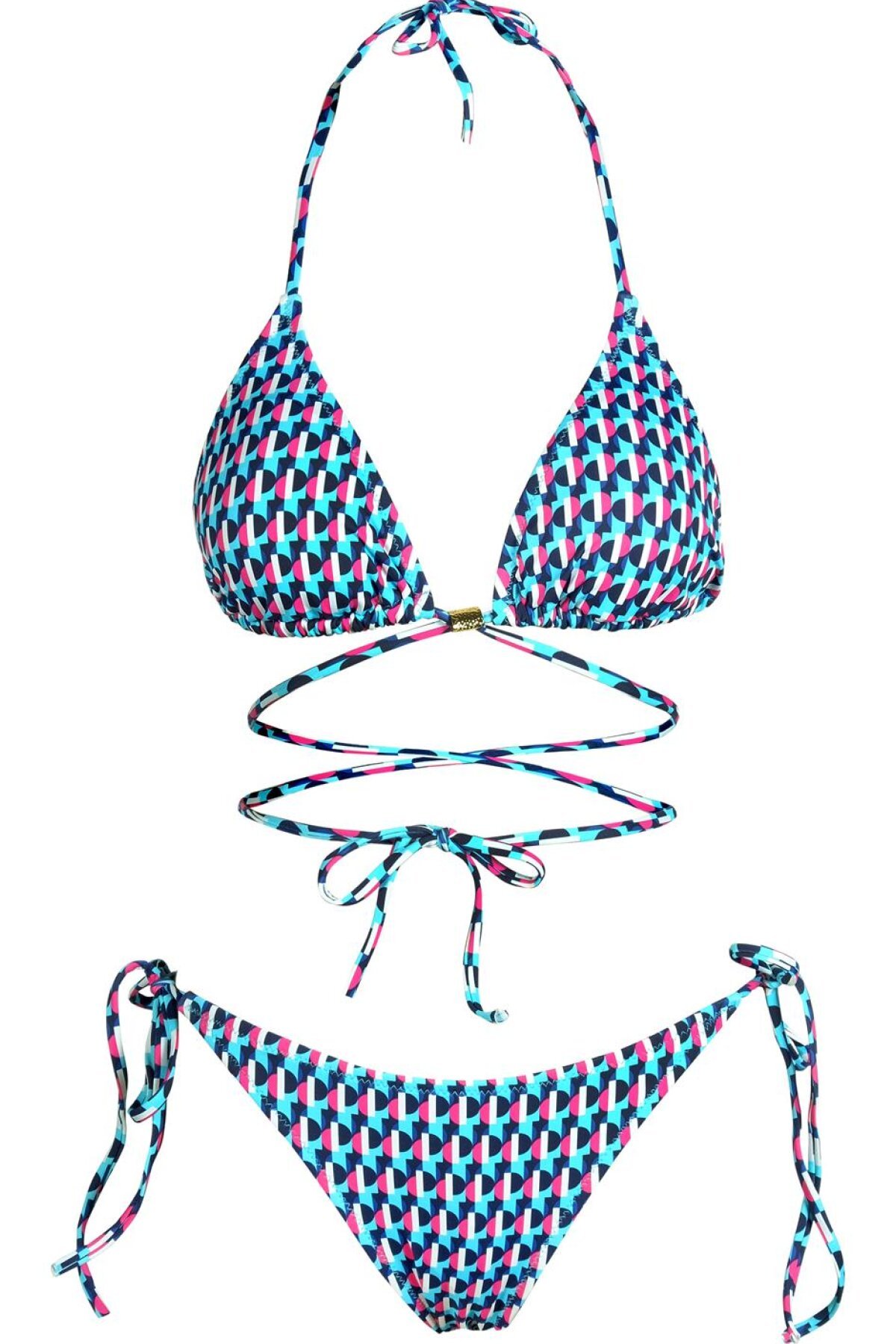 Endeep Mavi Pembe Çapraz Bağlama Detaylı Üçgen İpli Geometrik Desenli Bikini Takım