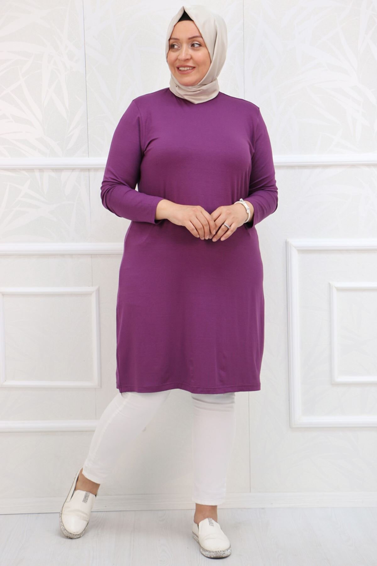 Leylak Büyük Beden Basic Penye Tunik - Moda Rosa