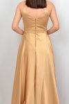 Askılı Gold Rengi Beli Aplikli Uzun Abiye Elbise