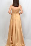 Askılı Gold Rengi Beli Aplikli Uzun Abiye Elbise