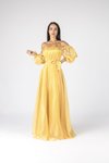 Askılı Sarı Işıltılı Kumaş Önü Pliseli Uzun Abiye Elbise