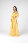 Askılı Sarı Işıltılı Kumaş Önü Pliseli Uzun Abiye Elbise