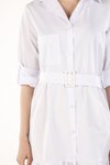 Beyaz Eteği Volanlı Kemerli Midi Gömlek Elbise