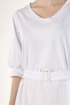 Beyaz V Yaka Kemerli Mini Elbise