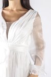 Ekru Işıltılı Kumaş Uzun Kollu Kuşaklı Abiye Elbise