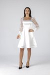 Ekru Transparan Kol Detaylı Saten Midi Abiye Elbise