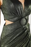 Haki Yeşil Beli Açık Tokalı Yırtmaçlı Uzun Abiye Elbise