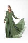 Haki Yeşil Uzun Kollu Düğmeli Şifon Abiye Elbise