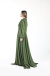 Haki Yeşil Uzun Kollu Düğmeli Şifon Abiye Elbise