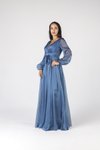 İndigo Mint Işıltılı Kumaş Uzun Kollu Kuşaklı Abiye Elbise