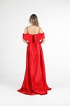 Kırmızı Geniş Yaka Askılı Saten Uzun Abiye Elbise