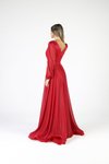 Kırmızı Kemerli Uzun Kollu Simli Şifon Abiye Elbise