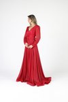 Kırmızı Kemerli Uzun Kollu Simli Şifon Abiye Elbise