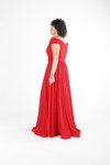 Kırmızı Simli Şifon Kayık Yaka Uzun Abiye Elbise