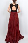 Kırmızı Siyah Üst Kısmı Dantel Simli Pilise Etekli Uzun Abiye Elbise