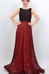 Kırmızı Siyah Üst Kısmı Dantel Simli Pilise Etekli Uzun Abiye Elbise