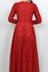 Kırmızı Uzun Kollu Dantel Abiye Elbise