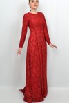 Kırmızı Uzun Kollu Dantel Abiye Elbise