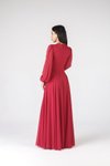 Kırmızı Uzun Kollu Düğmeli Şifon Abiye Elbise