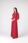 Kırmızı Uzun Kollu Düğmeli Şifon Abiye Elbise