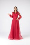 Kırmızı Uzun Kollu Yakalı Simli Abiye Elbise